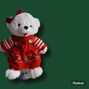Festive White Teddy Bear in Red Holiday Dress
